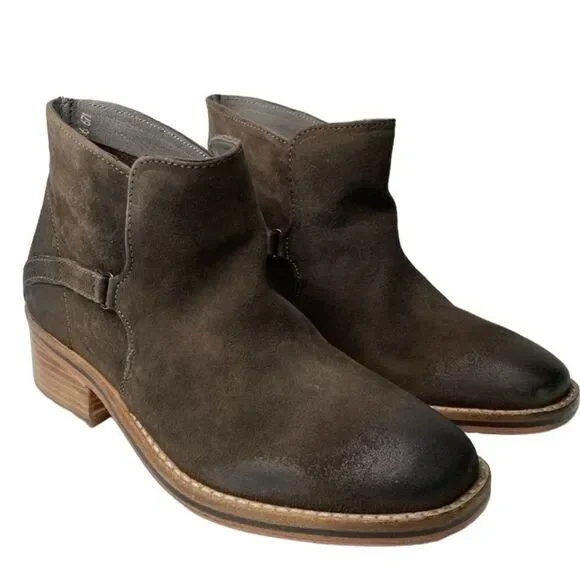 Diba True Suede Distressed Caspian Pull-On Bootie Low Stack Heel Square Toe